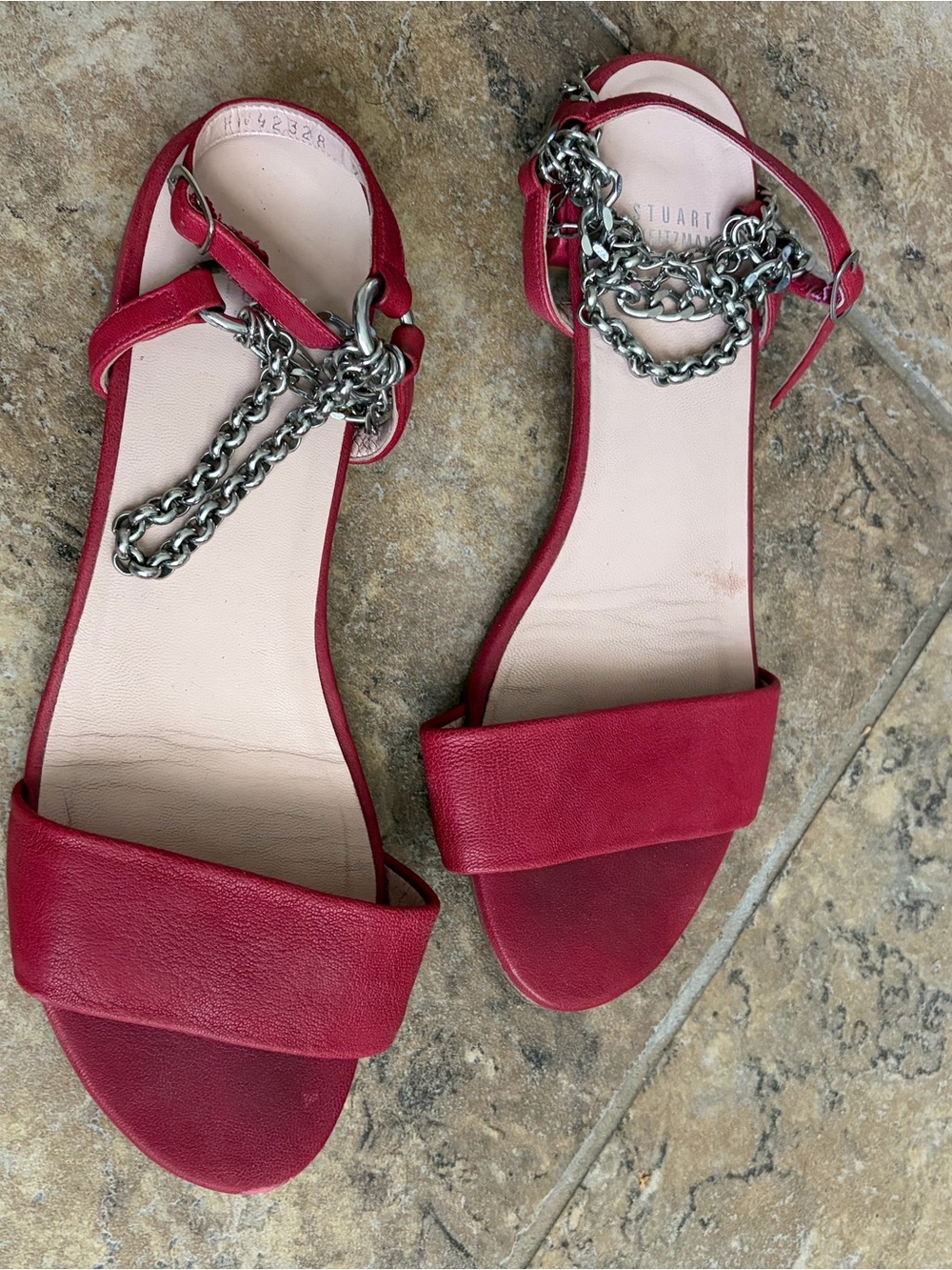 Stuart Weitzman pink leather flat sandals with silver chain detail. Size 9W - Picture 2 of 5